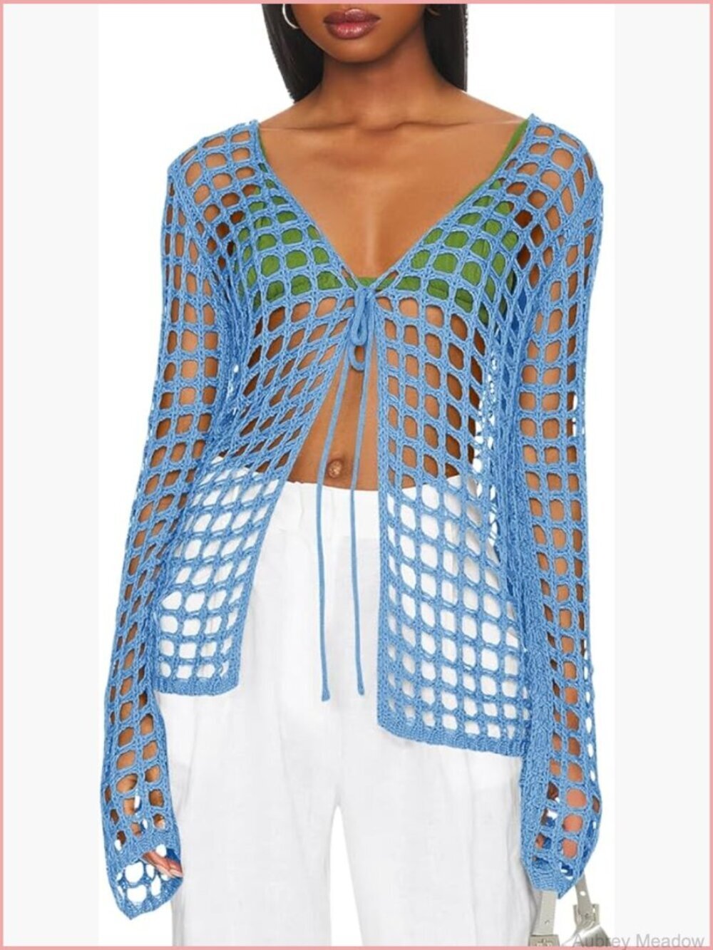 Long Sleeve Crochet Tie Front Swimsuit Coverup Knit Cardigan